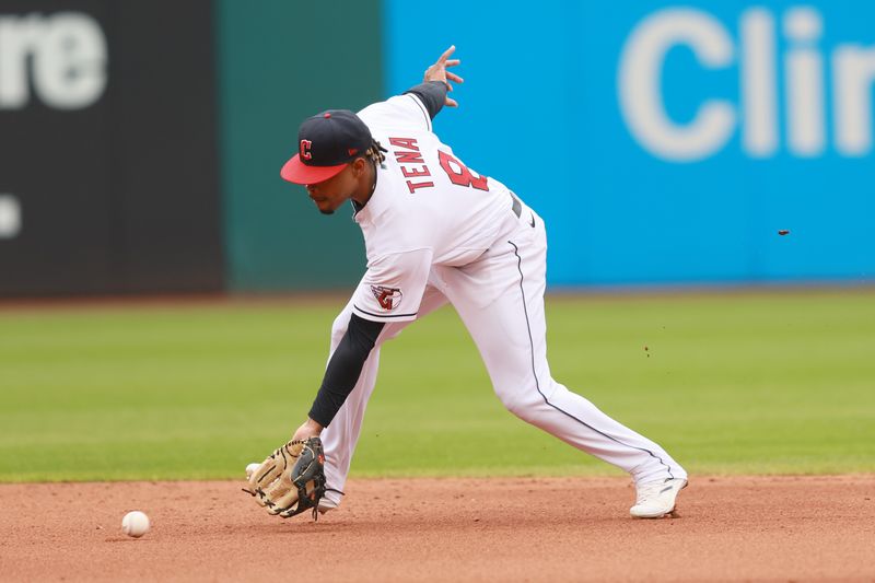 Sep 24, 2023; Cleveland, Ohio, USA; Cleveland Guardians shortstop Jose Tena (8) fields a ball hit by Baltimore Orioles third baseman Gunnar Henderson (2) during the fourth inning at Progressive Field. Mandatory Credit: Aaron Josefczyk-USA TODAY Sports