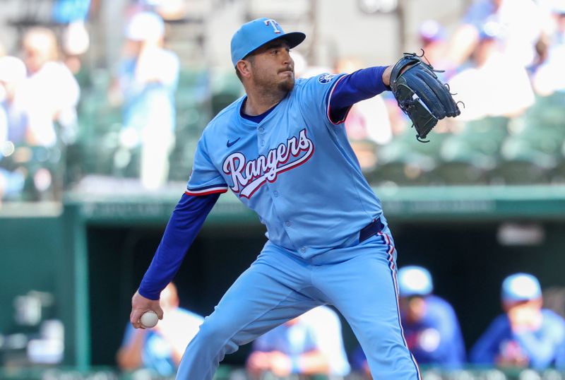 May 4, 2025; Arlington, Texas, USA;  Texas Rangers relief pitcher Luke Jackson (77) throws during the ninth inning against the Seattle Mariners at Globe Life Field. Mandatory Credit: Kevin Jairaj-Imagn Images