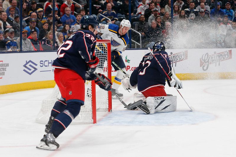 Dec 8, 2023; Columbus, Ohio, USA; Columbus Blue Jackets goalie Jet Greaves (73) makes a save on the shot from St. Louis Blues right wing Kevin Hayes (12) during the first period at Nationwide Arena. Mandatory Credit: Russell LaBounty-USA TODAY Sports