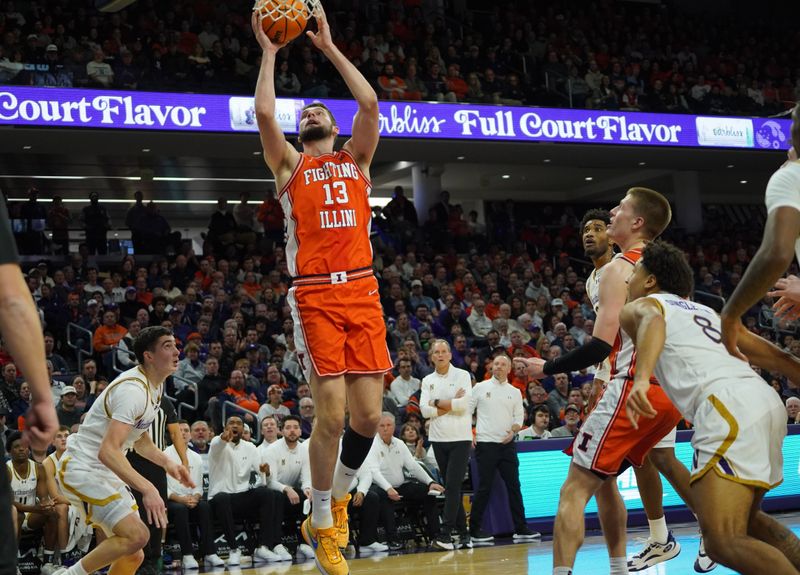 Jan 14, 2026; Evanston, Illinois, USA; Illinois Fighting Illini center Tomislav Ivisic (13) shoots over Northwestern Wildcats forward Tre Singleton (8) during the first half at Welsh-Ryan Arena. Mandatory Credit: David Banks-Imagn Images