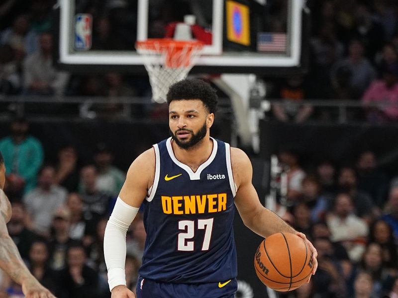 AUSTIN, TX - MARCH 15: Jamal Murray #27 of the Denver Nuggets dribbles the ball during the game against the San Antonio Spurs on March 15, 2024 at the Moody Center in Austin, Texas. NOTE TO USER: User expressly acknowledges and agrees that, by downloading and/or using this Photograph, user is consenting to the terms and conditions of the Getty Images License Agreement. Mandatory Copyright Notice: Copyright 2024 NBAE (Photo by Garrett Ellwood/NBAE via Getty Images)