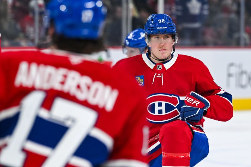 Jan 18, 2025; Montreal, Quebec, CAN; Montreal Canadiens right wing Patrik Laine (92) looks on during warm-up before the game against the Toronto Maple Leafs at Bell Centre. Mandatory Credit: David Kirouac-Imagn Images