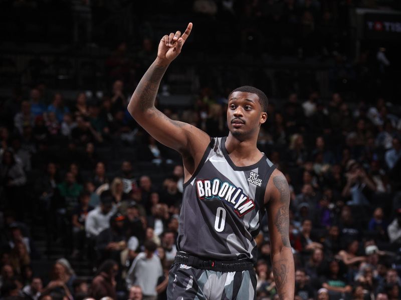 BROOKLYN, NY - APRIL 3: Dariq Whitehead #0 of the Brooklyn Nets looks on during the game against the Minnesota Timberwolves on April 3, 2025 at Barclays Center in Brooklyn, New York. NOTE TO USER: User expressly acknowledges and agrees that, by downloading and or using this Photograph, user is consenting to the terms and conditions of the Getty Images License Agreement. Mandatory Copyright Notice: Copyright 2025 NBAE (Photo by Nathaniel S. Butler/NBAE via Getty Images)