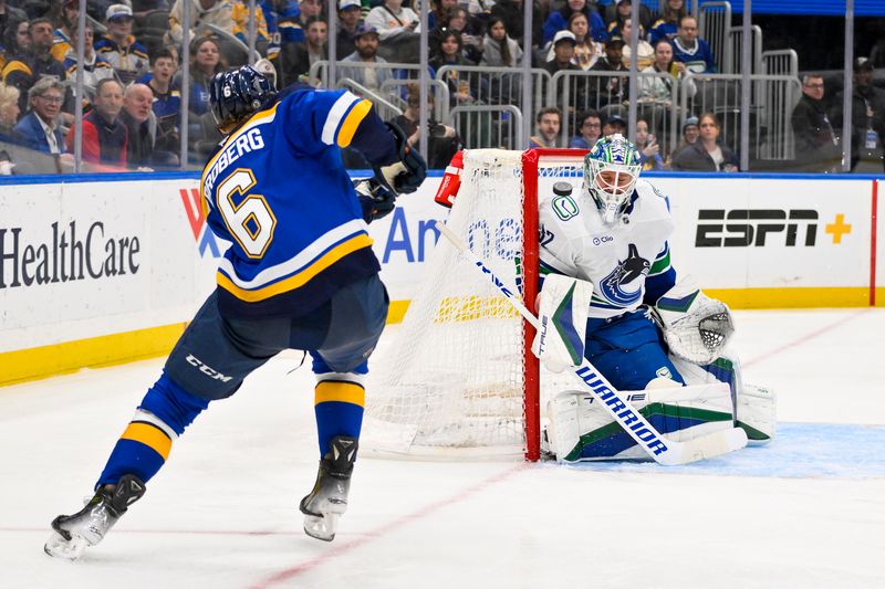 Mar 20, 2025; St. Louis, Missouri, USA;  Vancouver Canucks goaltender Kevin Lankinen (32) defends the net against St. Louis Blues defenseman Philip Broberg (6) during the second period at Enterprise Center. Mandatory Credit: Jeff Curry-Imagn Images