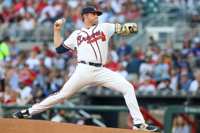 Jun 27, 2023; Atlanta, Georgia, USA; Atlanta Braves starting pitcher Bryce Elder (55) throws against the Minnesota Twins in the second inning at Truist Park. Mandatory Credit: Brett Davis-USA TODAY Sports
