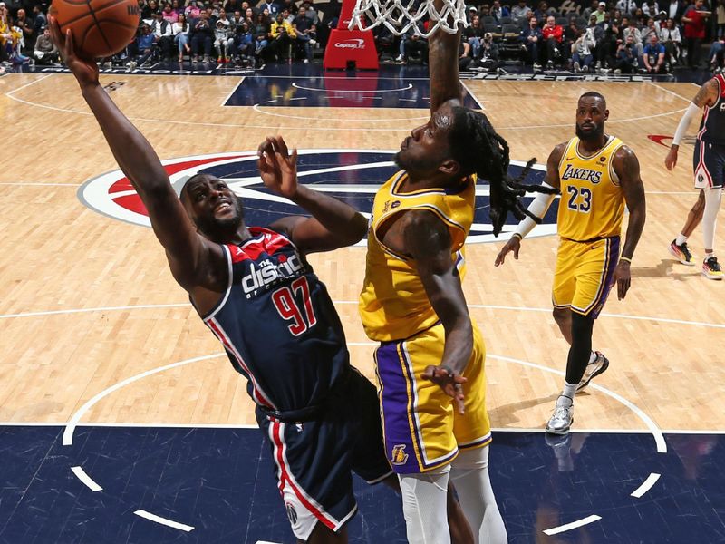 WASHINGTON, DC -? APRIL 4: Eugene Omoruyi #97 of the Washington Wizards drives to the basket during the game against the Los Angeles Lakers on April 4, 2024 at Capital One Arena in Washington, DC. NOTE TO USER: User expressly acknowledges and agrees that, by downloading and or using this Photograph, user is consenting to the terms and conditions of the Getty Images License Agreement. Mandatory Copyright Notice: Copyright 2024 NBAE (Photo by Kenny Giarla/NBAE via Getty Images)