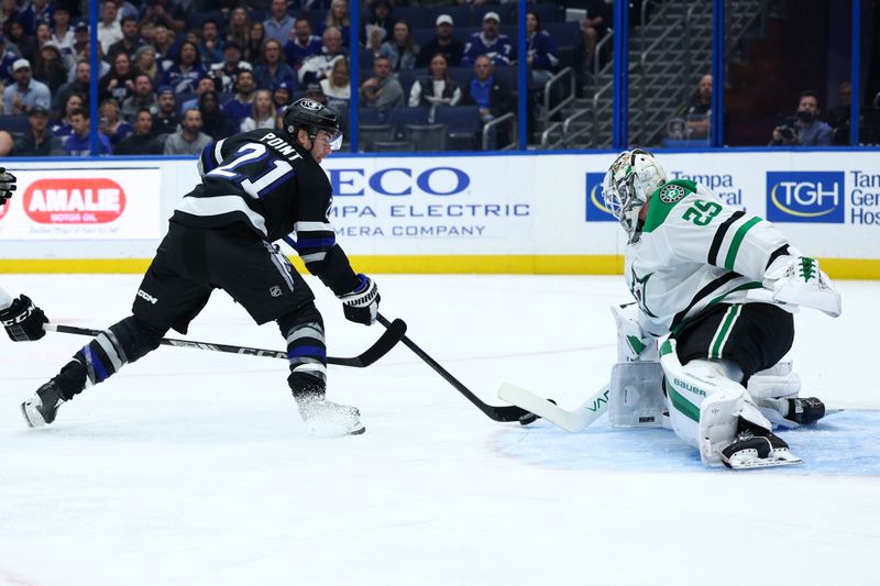 Nov 23, 2024; Tampa, Florida, USA; Tampa Bay Lightning center Brayden Point (21) shoots the puck on Dallas Stars goaltender Jake Oettinger (29) in the first period at Amalie Arena. Mandatory Credit: Nathan Ray Seebeck-Imagn Images