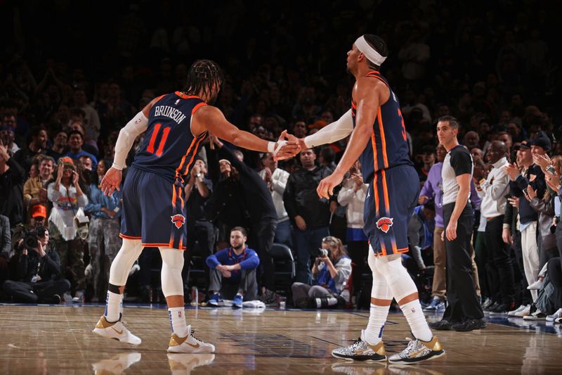 NEW YORK, NY - FEBRUARY 1: Josh Hart #3 high fives Jalen Brunson #11 of the New York Knicks during the game against the Indiana Pacers on February 1, 2024 at Madison Square Garden in New York City, New York.  NOTE TO USER: User expressly acknowledges and agrees that, by downloading and or using this photograph, User is consenting to the terms and conditions of the Getty Images License Agreement. Mandatory Copyright Notice: Copyright 2024 NBAE  (Photo by Nathaniel S. Butler/NBAE via Getty Images)