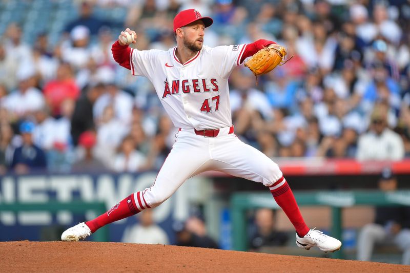 May 28, 2024; Anaheim, California, USA; Los Angeles Angels pitcher Griffin Canning (47) throws against the New York Yankees during the first inning at Angel Stadium. Mandatory Credit: Gary A. Vasquez-USA TODAY Sports