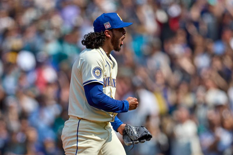 Jul 21, 2024; Seattle, Washington, USA; Seattle Mariners pitcher Andrés Muñoz (75) reacts after the final out against the Houston Astros during the ninth inning at T-Mobile Park. Mandatory Credit: John Froschauer-USA TODAY Sports