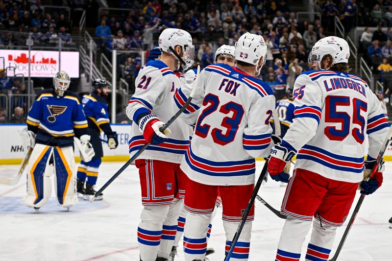 Jan 11, 2024; St. Louis, Missouri, USA;  New York Rangers defenseman Adam Fox (23) is congratulated by teammates  after scoring against the St. Louis Blues during the first period at Enterprise Center. Mandatory Credit: Jeff Curry-USA TODAY Sports