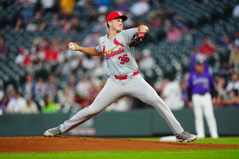 Sep 24, 2024; Denver, Colorado, USA; St. Louis Cardinals starting pitcher Michael McGreevy (36) pitches in the first inning against the Colorado Rockies at Coors Field. Mandatory Credit: Ron Chenoy-Imagn Images