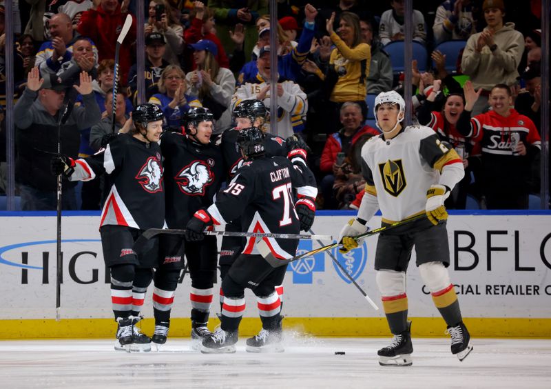 Mar 2, 2024; Buffalo, New York, USA;  Buffalo Sabres left wing Jeff Skinner (53) celebrates his goal with teammates during the first period against the Vegas Golden Knights at KeyBank Center. Mandatory Credit: Timothy T. Ludwig-USA TODAY Sports