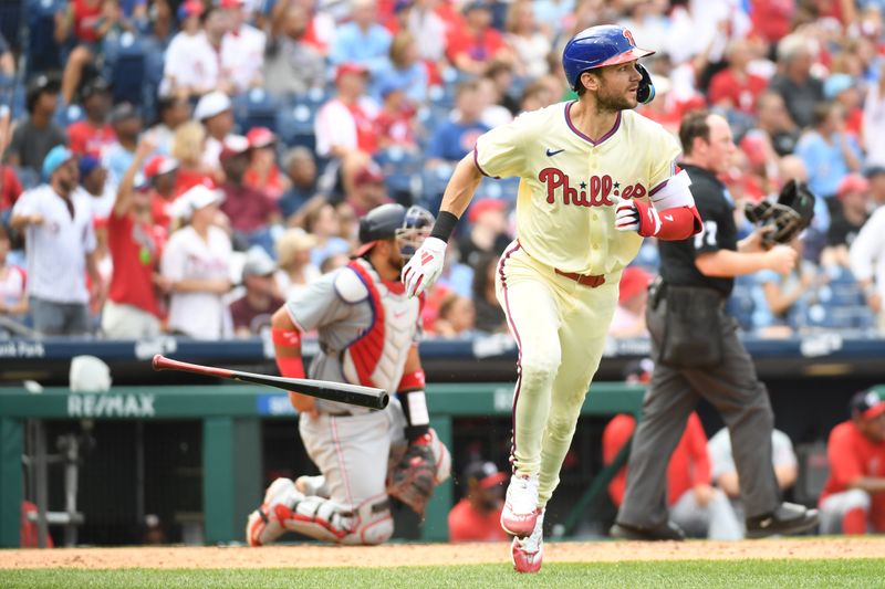 Aug 18, 2024; Philadelphia, Pennsylvania, USA; Philadelphia Phillies shortstop Trea Turner (7) watches his home run during the third inning against the Washington Nationals at Citizens Bank Park. Mandatory Credit: Eric Hartline-USA TODAY Sports