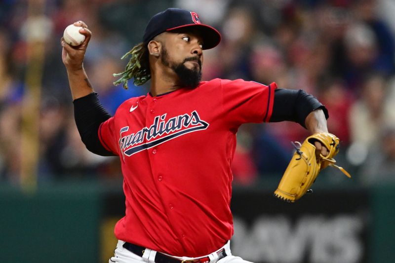 Sep 16, 2023; Cleveland, Ohio, USA; Cleveland Guardians relief pitcher Emmanuel Clase (48) throws a pitch during the ninth inning against the Texas Rangers at Progressive Field. Mandatory Credit: Ken Blaze-USA TODAY Sports