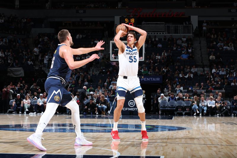 MINNEAPOLIS, MN -  OCTOBER 17: Luka Garza #55 of the Minnesota Timberwolves shoots the ball during the game against the Denver Nuggets during the 2024 NBA Preseason on October 17, 2024 at Target Center in Minneapolis, Minnesota. NOTE TO USER: User expressly acknowledges and agrees that, by downloading and or using this Photograph, user is consenting to the terms and conditions of the Getty Images License Agreement. Mandatory Copyright Notice: Copyright 2024 NBAE (Photo by David Sherman/NBAE via Getty Images)