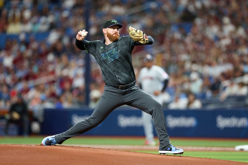 Jul 13, 2024; St. Petersburg, Florida, USA; Tampa Bay Rays pitcher Zack Littell (52) throws a pitch against the Cleveland Guardians in the first inning at Tropicana Field. Mandatory Credit: Nathan Ray Seebeck-USA TODAY Sports