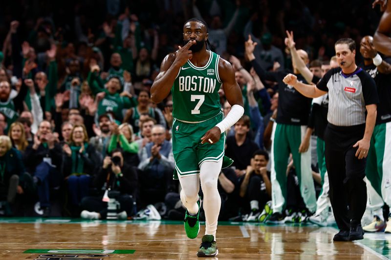 BOSTON, MA - APRIL 24: Jaylen Brown #7 of the Boston Celtics blows a kiss after making a three-point basket against the Miami Heat during the second quarter of game two of the Eastern Conference First Round Playoffs at TD Garden on April 24, 2024 in Boston, Massachusetts. NOTE TO USER: User expressly acknowledges and agrees that, by downloading and/or using this Photograph, user is consenting to the terms and conditions of the Getty Images License Agreement. (Photo By Winslow Townson/Getty Images)