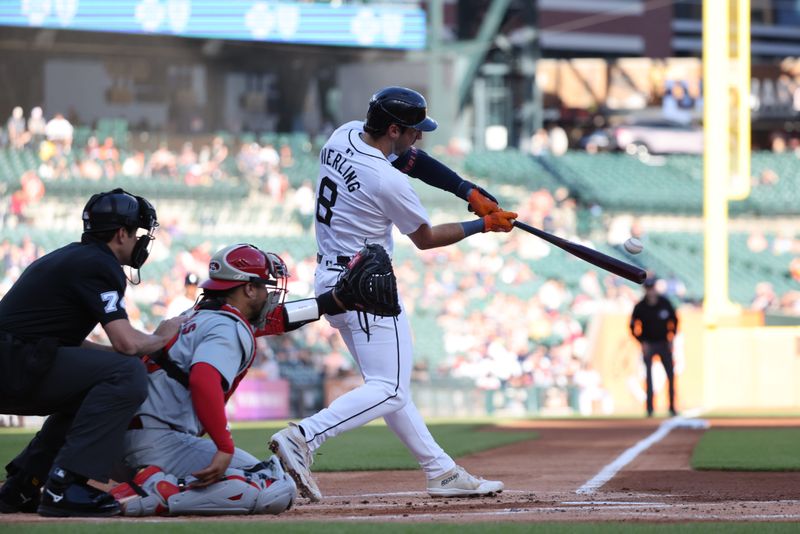 Apr 30, 2024; Detroit, Michigan, USA; Detroit Tigers outfielder Matt Vierling (8) hits the ball deep into center field for an out in the first inning against the St. Louis Cardinals at Comerica Park. Mandatory Credit: David Reginek-USA TODAY Sports