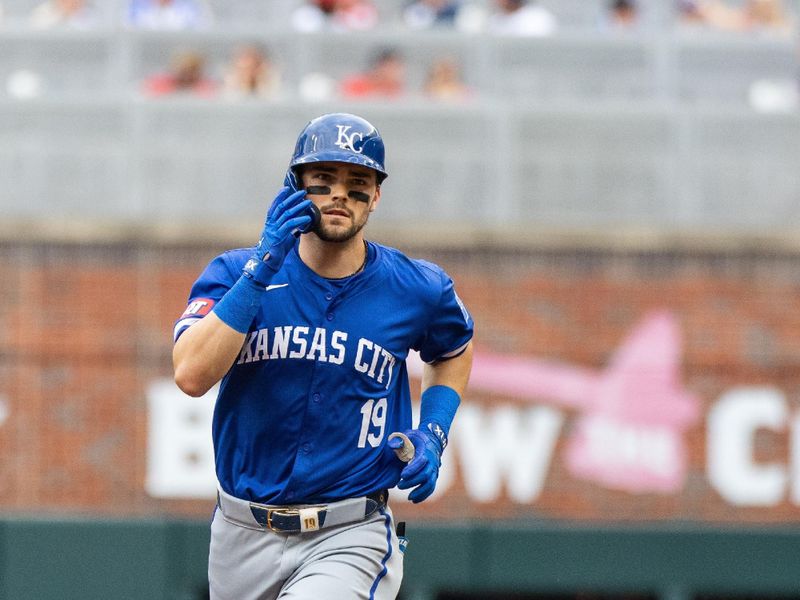 Sep 29, 2024; Cumberland, Georgia, USA; Kansas City Royals second baseman Michael Massey (19) runs the bases after hitting a home run against Atlanta Braves during the first inning at Truist Park. Mandatory Credit: Jordan Godfree-Imagn Images