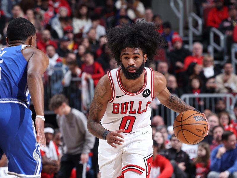 CHICAGO, IL - FEBRUARY 3: Coby White #0 of the Chicago Bulls dribbles the ball during the game against the Sacramento Kings on February 3, 2024 at United Center in Chicago, Illinois. NOTE TO USER: User expressly acknowledges and agrees that, by downloading and or using this photograph, User is consenting to the terms and conditions of the Getty Images License Agreement. Mandatory Copyright Notice: Copyright 2024 NBAE (Photo by Jeff Haynes/NBAE via Getty Images)