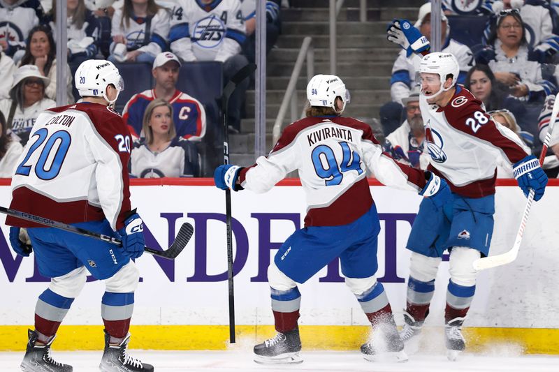 Apr 21, 2024; Winnipeg, Manitoba, CAN;Colorado Avalanche left wing Miles Wood (28) celebrates his first period goal against the Winnipeg Jets in game one of the first round of the 2024 Stanley Cup Playoffs at Canada Life Centre. Mandatory Credit: James Carey Lauder-USA TODAY Sports