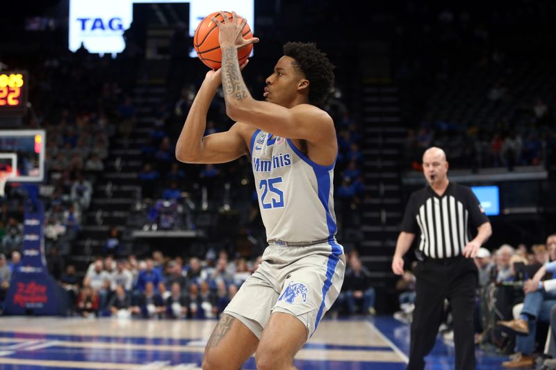 Feb 12, 2023; Memphis, Tennessee, USA; Memphis Tigers guard Jayden Hardaway (25) shoots for three during the first half against the Temple Owls at FedExForum. Mandatory Credit: Petre Thomas-USA TODAY Sports