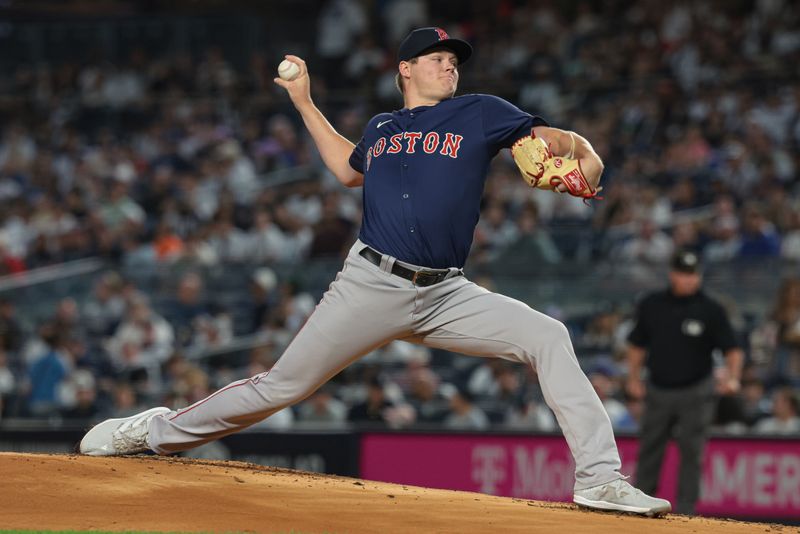 Sep 13, 2024; Bronx, New York, USA; Boston Red Sox starting pitcher Tanner Houck (89) delivers a pitch during the first inning against the New York Yankees at Yankee Stadium. Mandatory Credit: Vincent Carchietta-Imagn Images