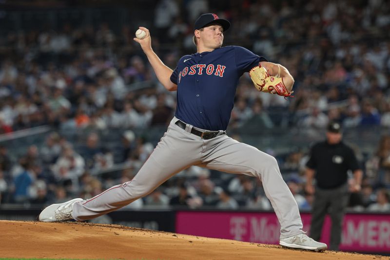 Sep 13, 2024; Bronx, New York, USA; Boston Red Sox starting pitcher Tanner Houck (89) delivers a pitch during the first inning against the New York Yankees at Yankee Stadium. Mandatory Credit: Vincent Carchietta-Imagn Images