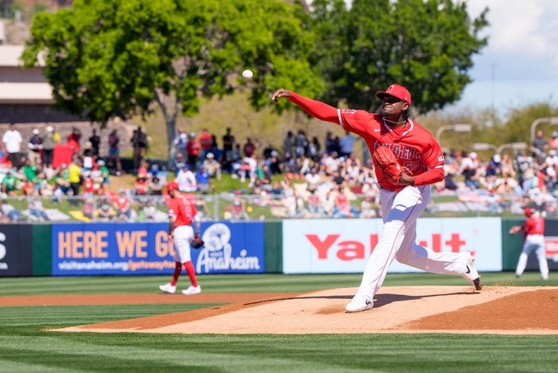 Mar 16, 2024; Tempe, Arizona, USA; Los Angeles Angels pitcher Jose Soriano (59) warms up before the start of a spring training game against the Chicago Cubs at Tempe Diablo Stadium. Mandatory Credit: Allan Henry-USA TODAY Sports