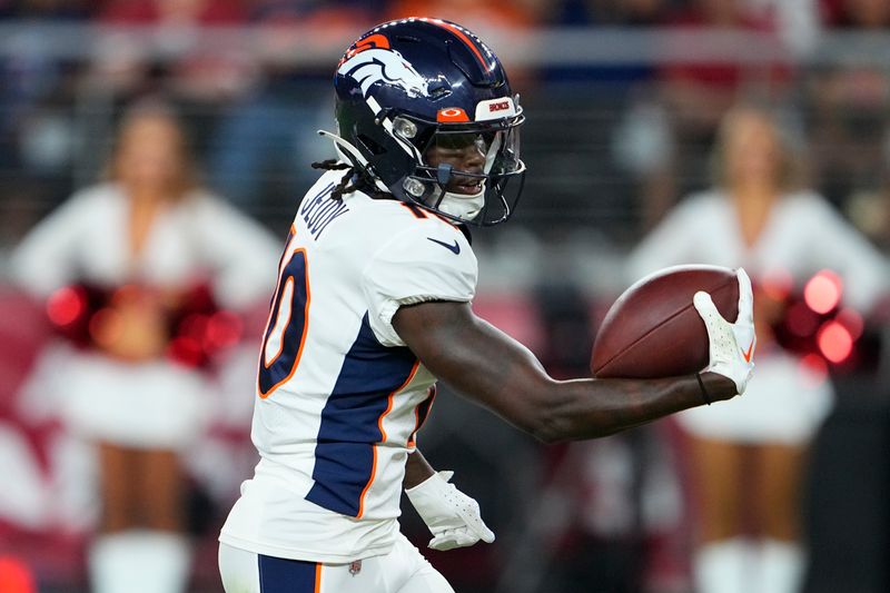 Denver Broncos wide receiver Jerry Jeudy (10) against the Arizona Cardinals during the first half of an NFL preseason football game, Friday, Aug. 11, 2023, in Glendale, Ariz. (AP Photo/Matt York)