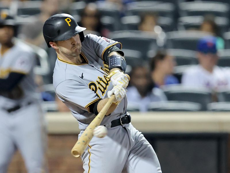 Aug 15, 2023; New York City, New York, USA; Pittsburgh Pirates catcher Jason Delay (55) hits a two run double against the New York Mets during the seventh inning at Citi Field. Mandatory Credit: Brad Penner-USA TODAY Sports