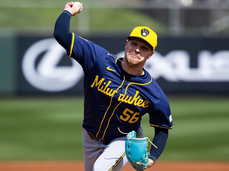 Feb 27, 2024; Tempe, Arizona, USA; Milwaukee Brewers pitcher Janson Junk against the Los Angeles Angels during a spring training game at Tempe Diablo Stadium. Mandatory Credit: Mark J. Rebilas-USA TODAY Sports