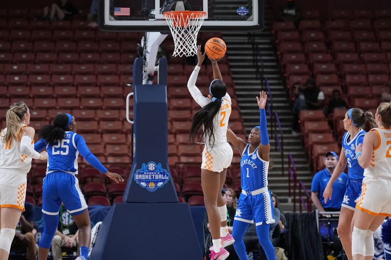Mar 3, 2023; Greenville, SC, USA; Tennessee Lady Vols forward Rickea Jackson (2) shoots the ball over Kentucky Wildcats guard Robyn Benton (1) in the first quarter at Bon Secours Wellness Arena. Mandatory Credit: David Yeazell-USA TODAY Sports