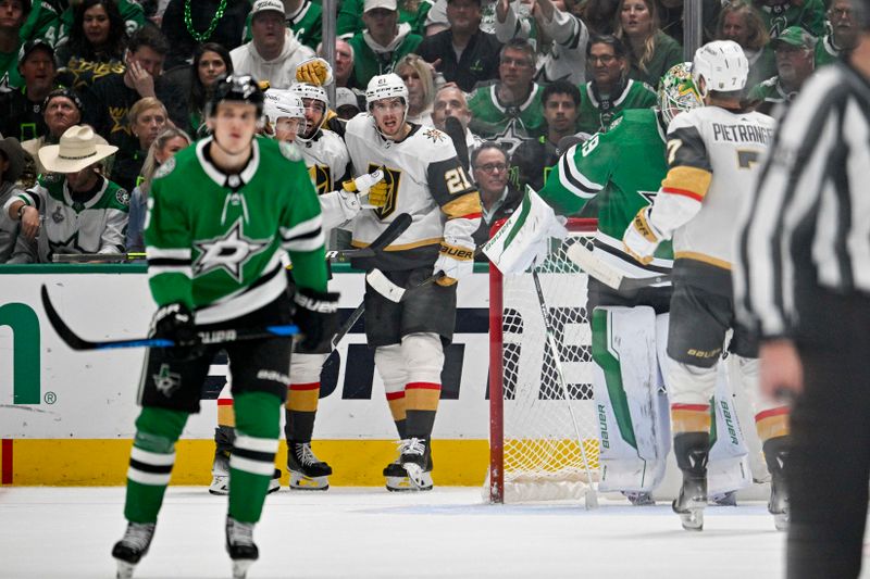 May 5, 2024; Dallas, Texas, USA; Vegas Golden Knights center Brett Howden (21) celebrates spring a goal against Dallas Stars goaltender Jake Oettinger (29) during the second period in game seven of the first round of the 2024 Stanley Cup Playoffs at American Airlines Center. Mandatory Credit: Jerome Miron-USA TODAY Sports