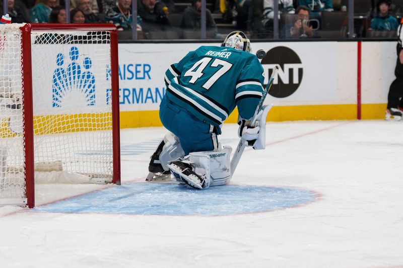 Jan 18, 2023; San Jose, California, USA; San Jose Sharks goaltender James Reimer (47) makes a save during the first period against the Dallas Stars at SAP Center at San Jose. Mandatory Credit: Neville E. Guard-USA TODAY Sports