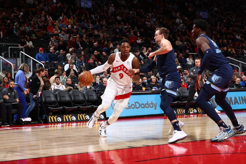 TORONTO, CANADA - JANUARY 22: RJ Barrett #9 of the Toronto Raptors dribbles the ball during the game against the Memphis Grizzlies on January 22, 2024 at the Scotiabank Arena in Toronto, Ontario, Canada.  NOTE TO USER: User expressly acknowledges and agrees that, by downloading and or using this Photograph, user is consenting to the terms and conditions of the Getty Images License Agreement.  Mandatory Copyright Notice: Copyright 2024 NBAE (Photo by Vaughn Ridley/NBAE via Getty Images)