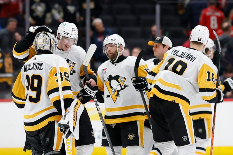 Apr 4, 2024; Washington, District of Columbia, USA; Pittsburgh Penguins goaltender Alex Nedeljkovic (39) celebrates with teammates after their game against the Washington Capitals at Capital One Arena. Mandatory Credit: Geoff Burke-USA TODAY Sports