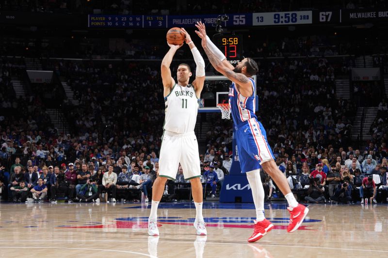 PHILADELPHIA, PA - OCTOBER 23: Brook Lopez #11 of the Milwaukee Bucks shoots the ball during the game against the Philadelphia 76ers on October 23, 2024 at the Wells Fargo Center in Philadelphia, Pennsylvania NOTE TO USER: User expressly acknowledges and agrees that, by downloading and/or using this Photograph, user is consenting to the terms and conditions of the Getty Images License Agreement. Mandatory Copyright Notice: Copyright 2024 NBAE (Photo by Jesse D. Garrabrant/NBAE via Getty Images)