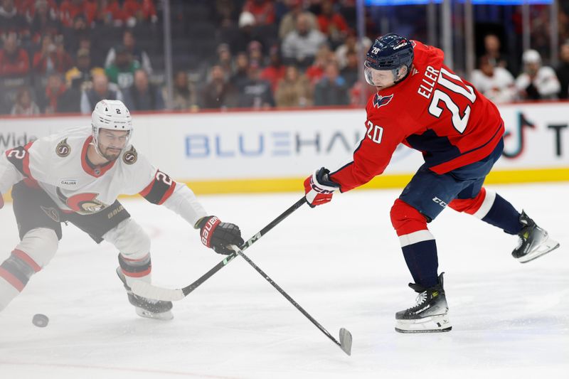 Mar 3, 2025; Washington, District of Columbia, USA; Washington Capitals center Lars Eller (20) shoots the puck as Ottawa Senators defenseman Artem Zub (2) defends in the first period at Capital One Arena. Mandatory Credit: Geoff Burke-Imagn Images