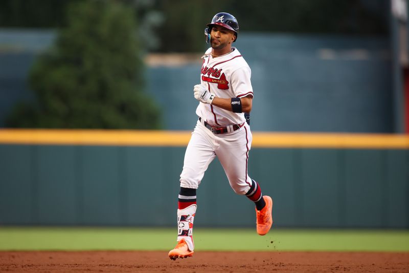 Aug 16, 2023; Atlanta, Georgia, USA; Atlanta Braves left fielder Eddie Rosario (8) rounds third after a two-run home run against the New York Yankees in the second inning at Truist Park. Mandatory Credit: Brett Davis-USA TODAY Sports