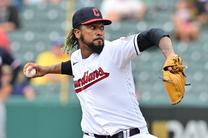 Sep 6, 2023; Cleveland, Ohio, USA; Cleveland Guardians relief pitcher Emmanuel Clase (48) throws a pitch during the ninth inning against the Minnesota Twins at Progressive Field. Mandatory Credit: Ken Blaze-USA TODAY Sports