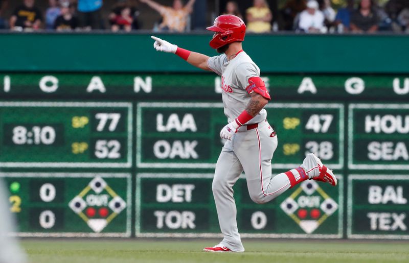 Jul 19, 2024; Pittsburgh, Pennsylvania, USA;  Philadelphia Phillies left fielder Weston Wilson (37) circles the bases on a solo home run against the Pittsburgh Pirates during the second inning at PNC Park. Mandatory Credit: Charles LeClaire-USA TODAY Sports