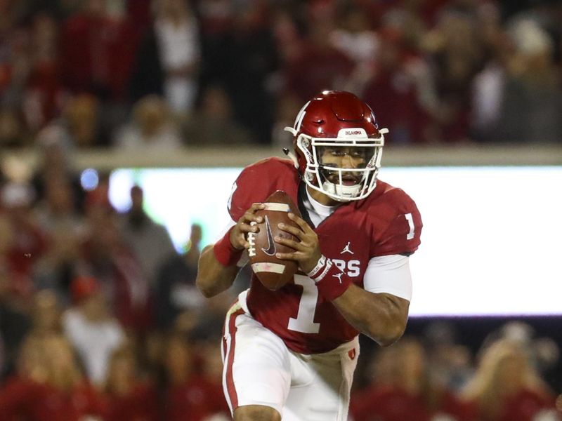 Nov 23, 2019; Norman, OK, USA; Oklahoma Sooners quarterback Jalen Hurts (1) looks to throw during the first quarter against the TCU Horned Frogs at Gaylord Family - Oklahoma Memorial Stadium. Mandatory Credit: Kevin Jairaj-USA TODAY Sports