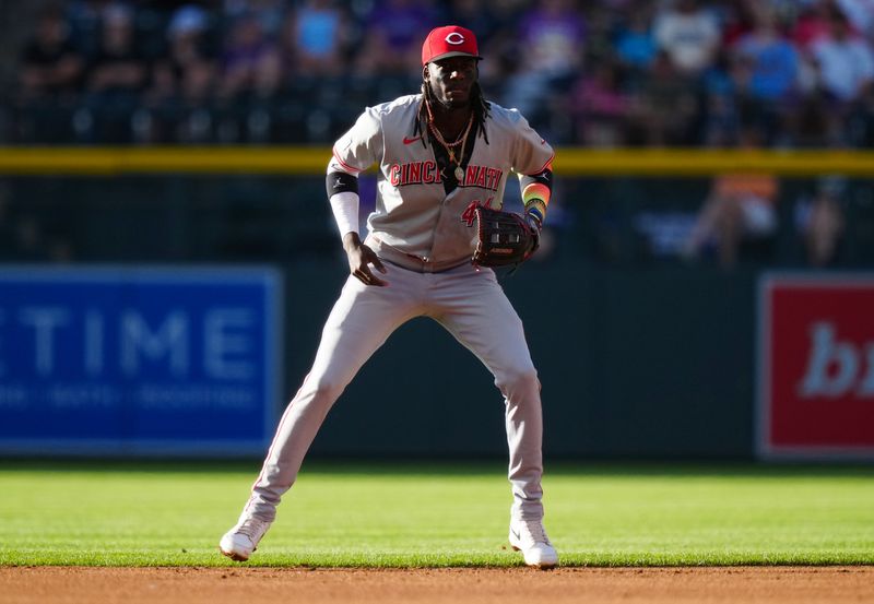 Jun 4, 2024; Denver, Colorado, USA;  Cincinnati Reds shortstop Elly De La Cruz (44) during the first inning against the Colorado Rockies at Coors Field. Mandatory Credit: Ron Chenoy-USA TODAY Sports