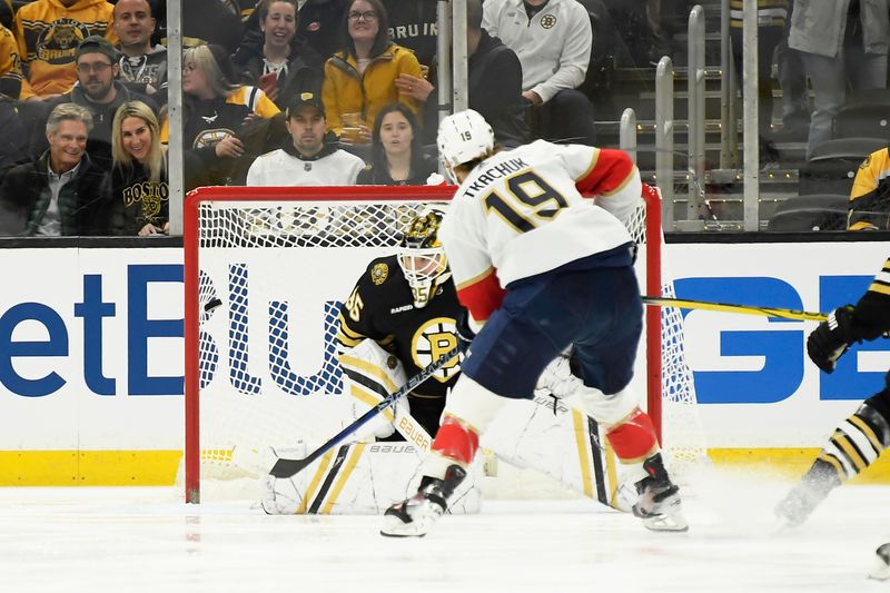 Apr 6, 2024; Boston, Massachusetts, USA; Florida Panthers left wing Matthew Tkachuk (19) scores a goal past Boston Bruins goaltender Linus Ullmark (35) during the first period at TD Garden. Mandatory Credit: Bob DeChiara-USA TODAY Sports