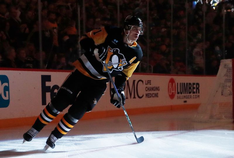 Feb 25, 2024; Pittsburgh, Pennsylvania, USA; Pittsburgh Penguins center Evgeni Malkin (71) takes the ice against the Philadelphia Flyers during the first period at PPG Paints Arena. Pittsburgh won 7-6. Mandatory Credit: Charles LeClaire-USA TODAY Sports