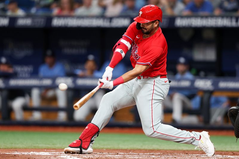 Jul 6, 2023; St. Petersburg, Florida, USA;  Philadelphia Phillies first baseman Darick Hall (24) hits a solo home runagainst the Tampa Bay Rays in the fifth inning at Tropicana Field. Mandatory Credit: Nathan Ray Seebeck-USA TODAY Sports