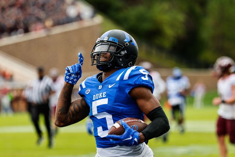 Nov 12, 2022; Durham, North Carolina, USA;  Duke Blue Devils wide receiver Jalon Calhoun (5) makes a touchdown  during the first half against Virginia Tech at Wallace Wade Stadium. Mandatory Credit: Jaylynn Nash-USA TODAY Sports