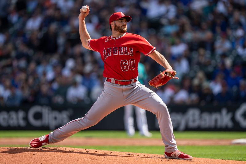 Sep 13, 2023; Seattle, Washington, USA; Los Angeles Angels starter Andrew Wantz (60) delivers a pitchduring the first inning against the Seattle Mariners at T-Mobile Park. Mandatory Credit: Stephen Brashear-USA TODAY Sports